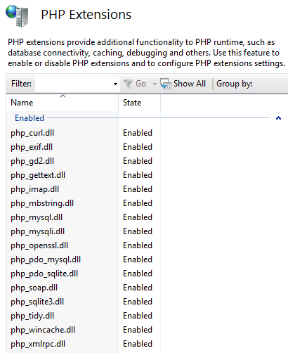 PHP Extensions provide additional functionality to PHP runtime, such as database connectivity, caching, debugging and others. Use this feature to enable or disable PHP extensions and to configure PHP extensions settings.