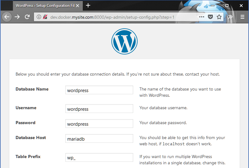 docker4wordpress - WordPress Install - Database Configuration