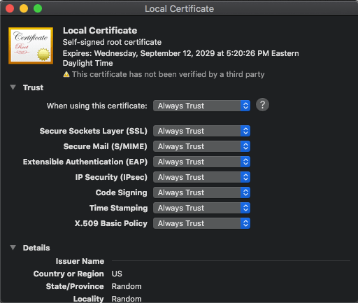 OS X Local Certificate - Always Trust