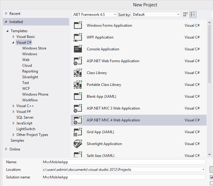 Visual Studio 2012 New Project Dialog