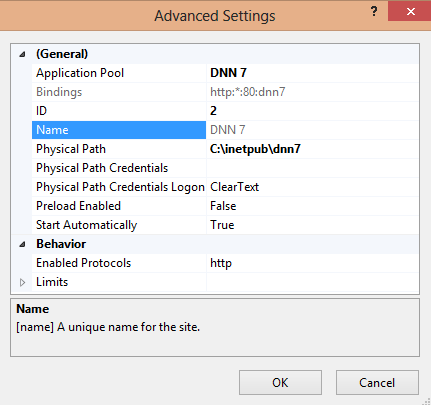 DNN 7 IIS application advanced settings