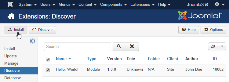 Joomla 3 Module Discovery Install