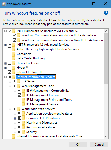 Windows Features - IIS and .NET Framework 3.5 enabled