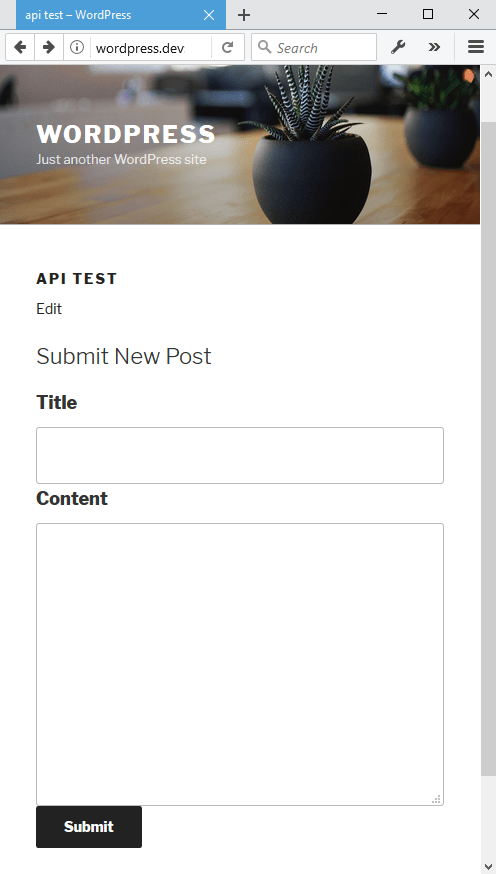 WordPress api-test Page - Submit Post Form