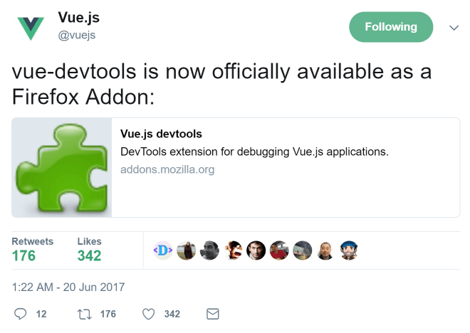 Vue.js (@vuejs) tweeted at 1:22 AM on Tue, Jun 20, 2017:vue-devtools is now officially available as a Firefox Addon