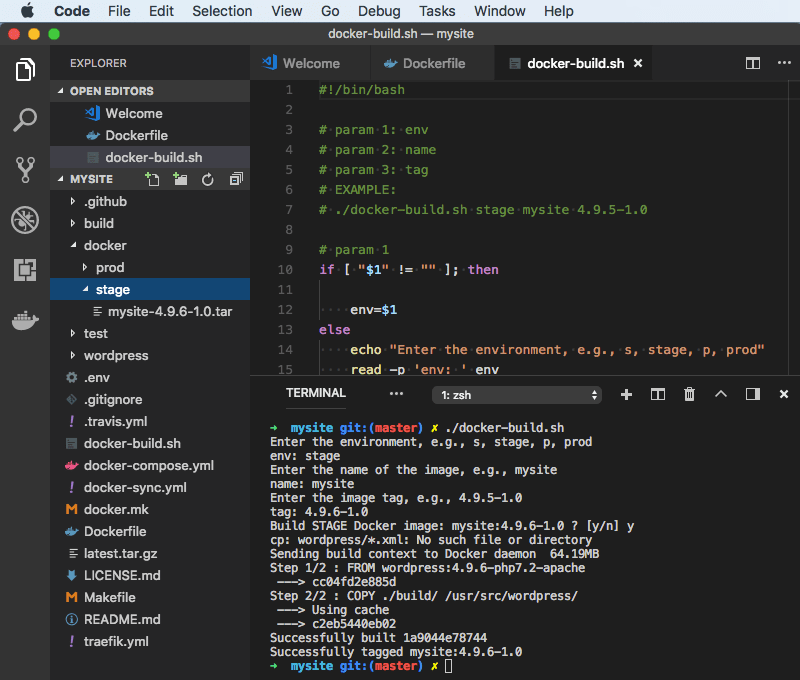 Running docker-build.sh in the VS Code integrated terminal