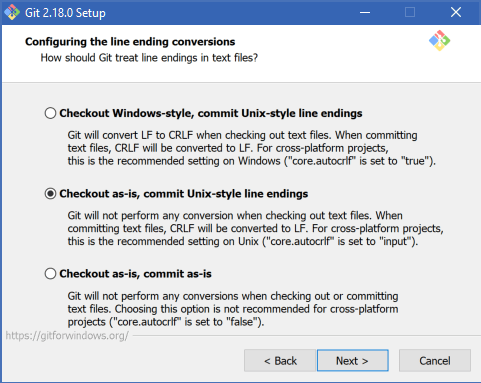 Git 2.18.0 Setup | Configure the line ending conversion