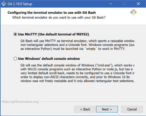 Git 2.18.0 Setup | Configure the terminal emulator to use with Git Bash