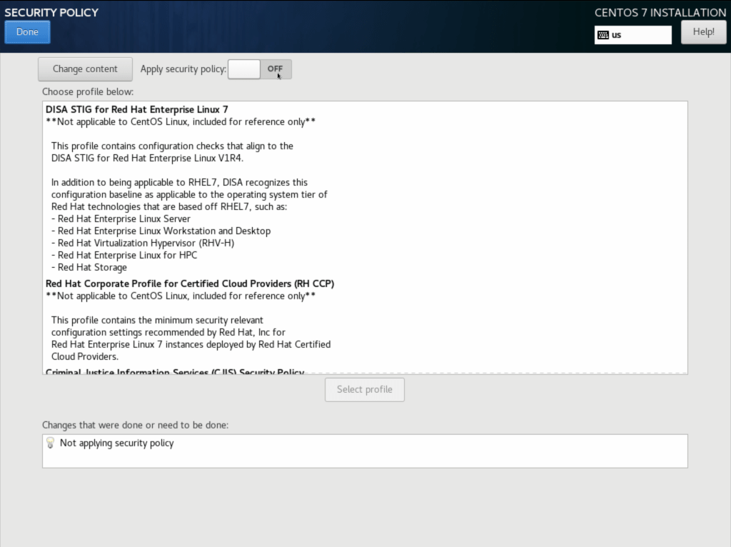 Apply security policy toggled off on CentOS 7 Installation Security Policy screen