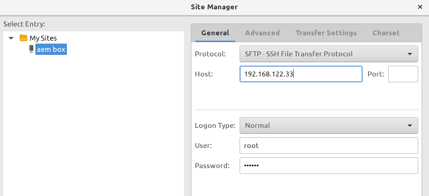 FileZilla site manager with sftp ssh file transfer protocol selected