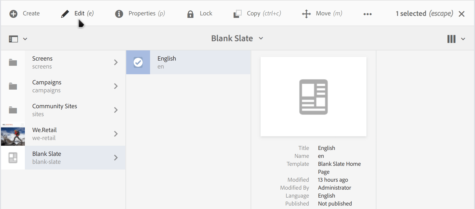 AEM Sites | Blank Slate > English > Edit