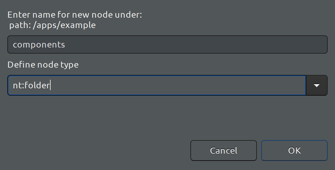 Eclipse AEM Project example - Enter Node Name dialog for nt:folder node