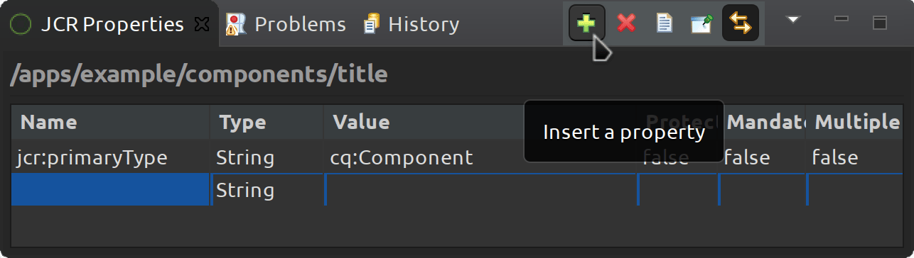 Eclipse AEM Project example - JCR Properties panel - insert property