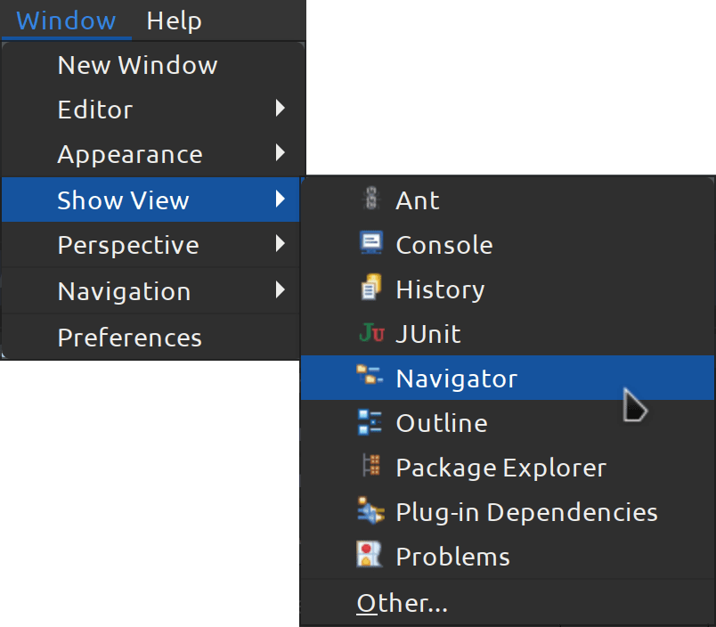 Eclipse Menu - Window > Show > View > Navigator