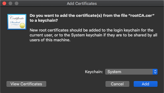 OS X Add Certificates dialog - Keychain: System