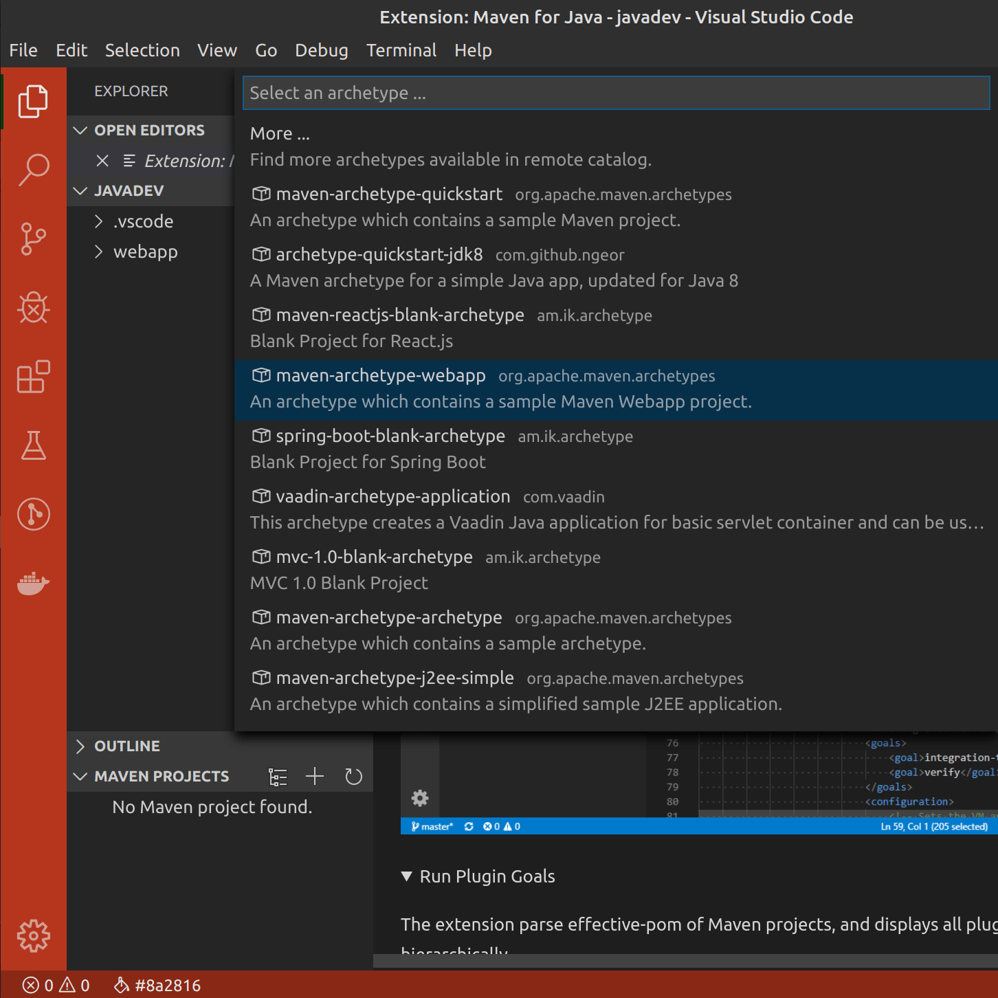 VS Code Create Maven Project webapp archetype select