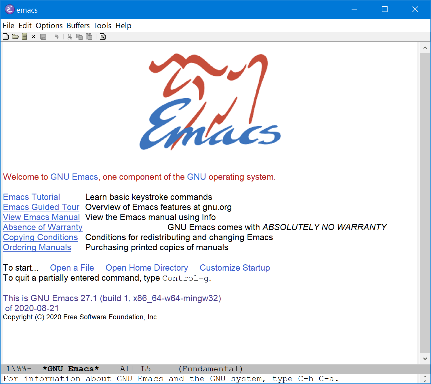 Windows Emacs editor home screen