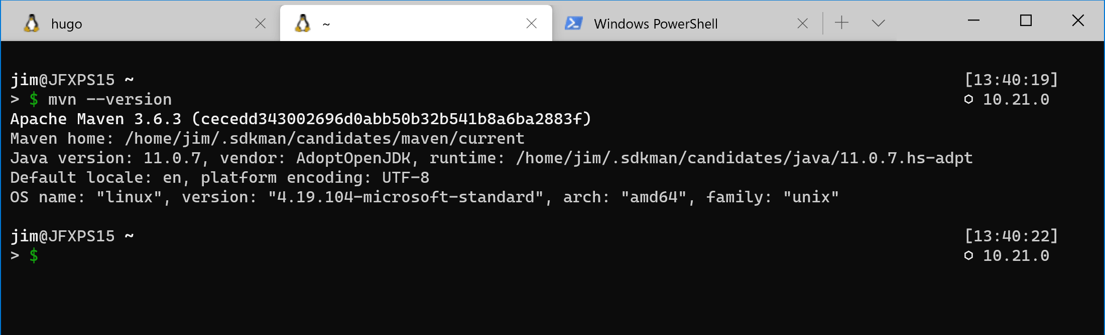 WSL windows terminal example of mvn –version
