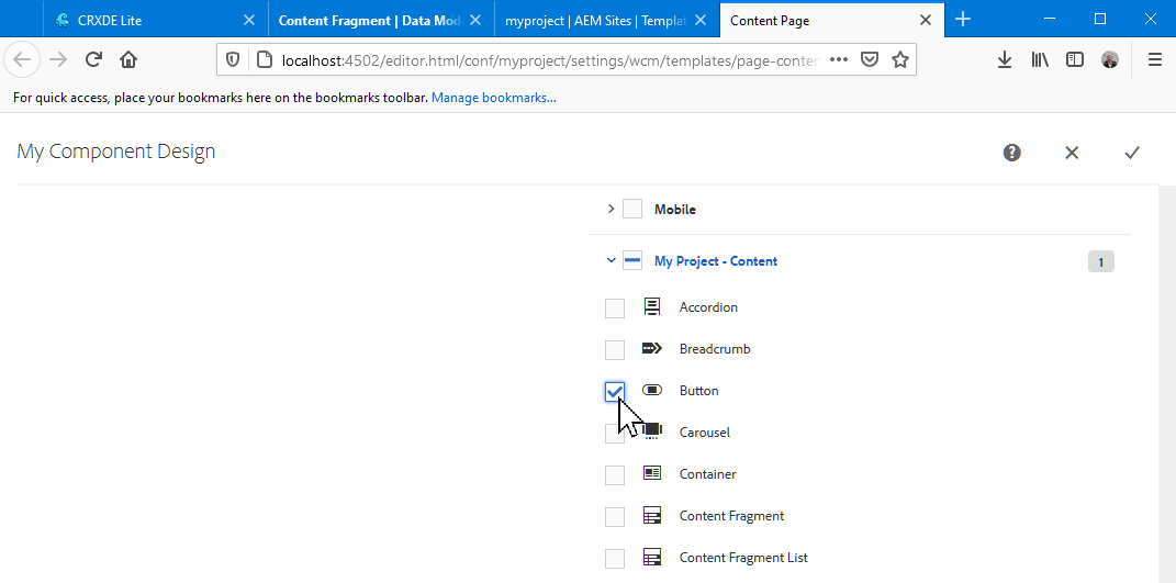 allowed components expanded for selection in the design dialog