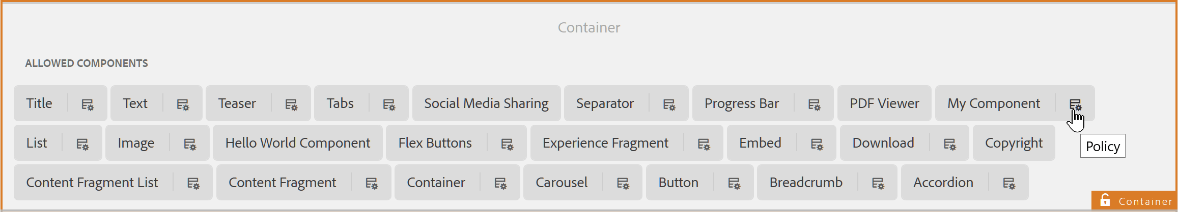 allowed components shown as buttons in the content page template container