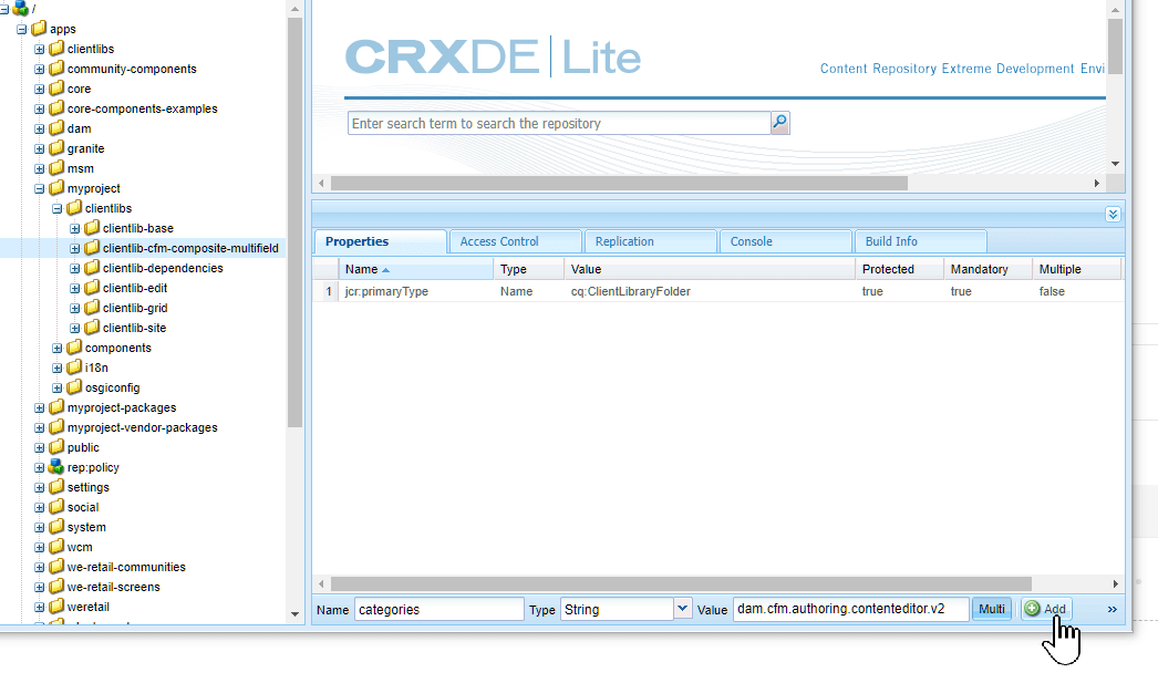 CRXDE: add categories property to the cq:ClientLibraryFolder node named cfm-composite-multifield