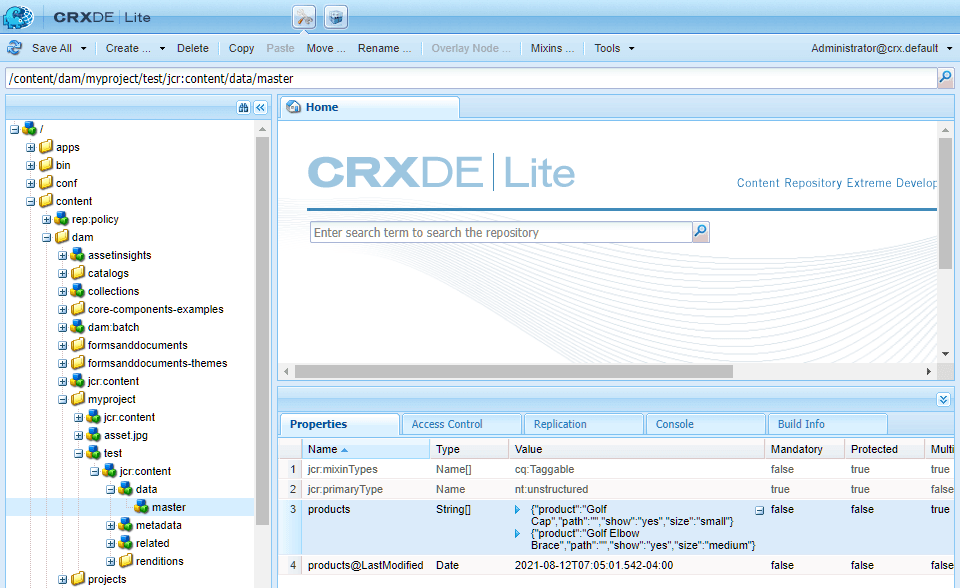 CRXDE content fragment properties