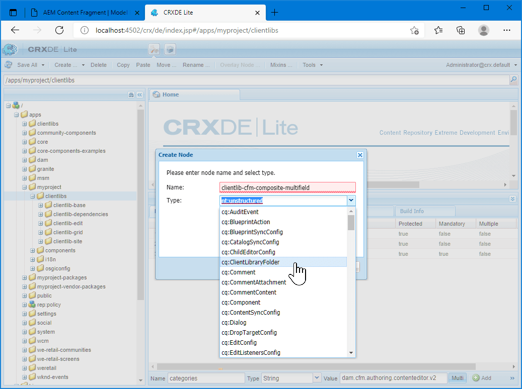 CRXDE dialog: create cq:ClientLibraryFolder node named cfm-composite-multifield