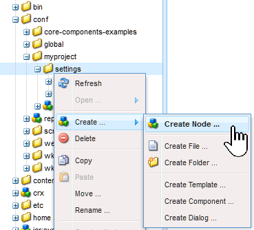 CRXDE Lite conf > myproject > settings > Create > Create Node context menu