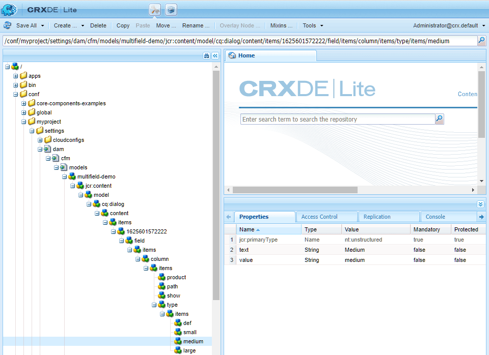 CRXDE multifield-demo content fragment model dialog composite multifield nodes