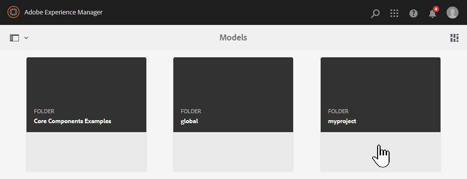 AEM content fragment models myproject folder hover