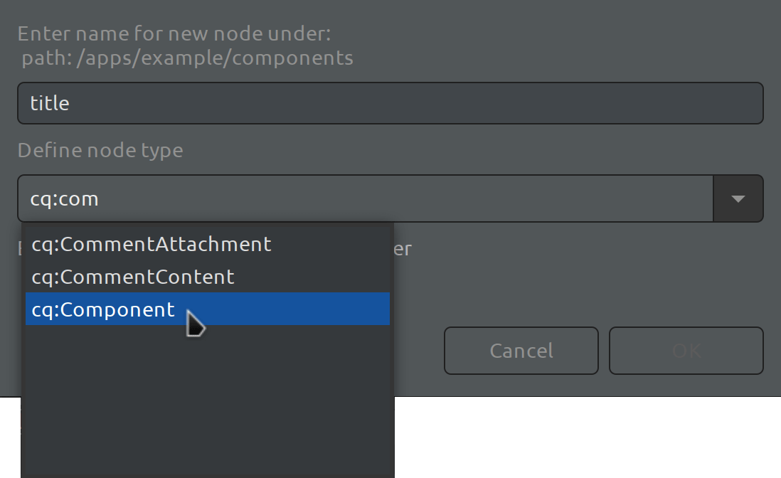 Eclipse AEM Project example - Enter Node Name dialog for nt:component node